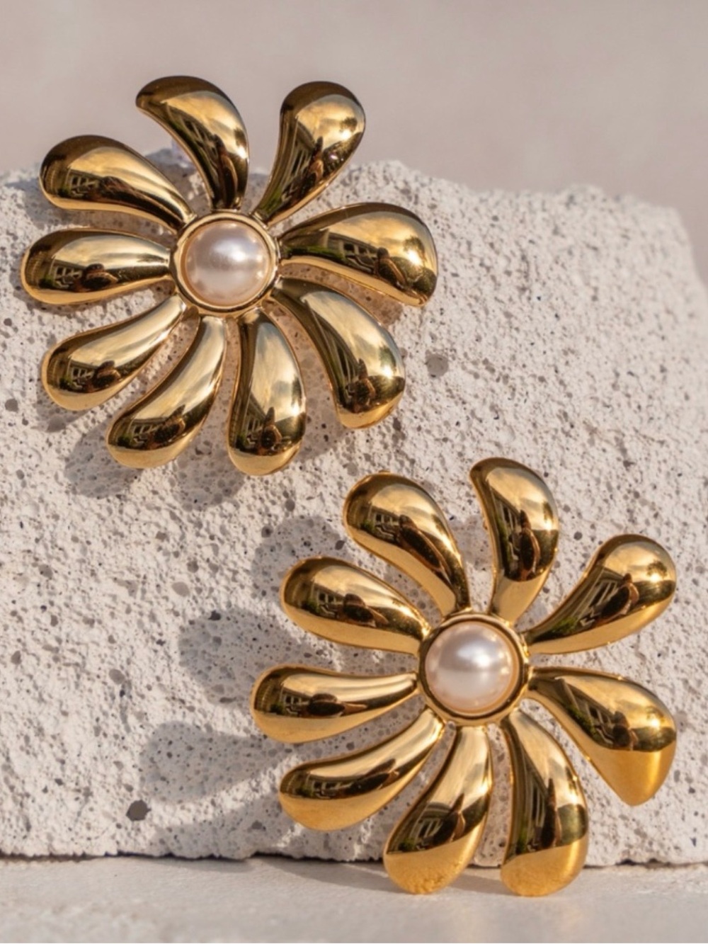 Gold Floral Pearl Center Earrings - Women Jewelry
